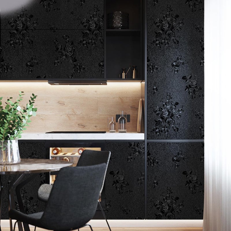 Erfoni Black Peel and Stick Wallpaper Black Floral Embossed Contact Paper 17.7inch×393.7inch Removable Textured Flower Wallpaper Self Adhesive Thicken Accent Wall Countertops Wall Paper - Image 5